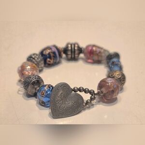 Vtg Danforth Pewter Vermont Art Glass& Pewter Bead We d 7" Bracelet Heart Toggle